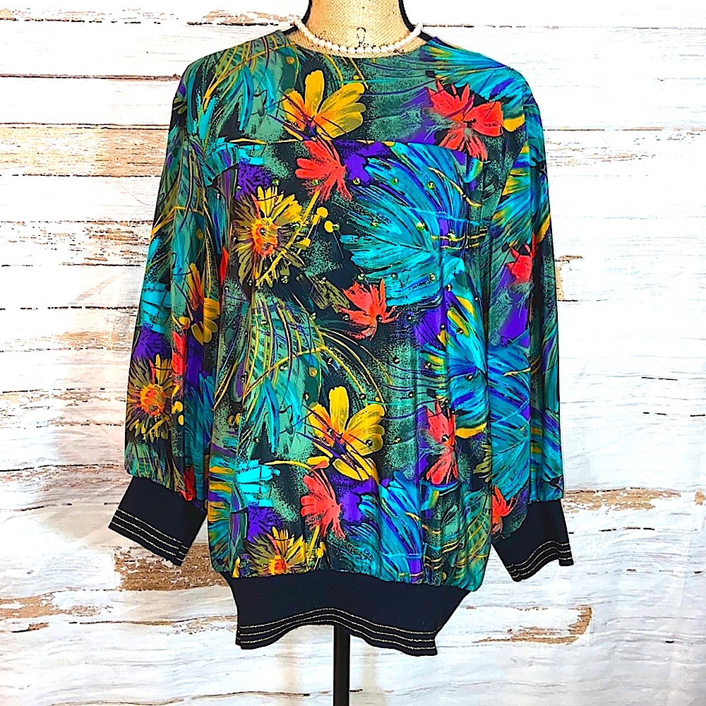 Vintage 1980s Tropical Embellished Long Sleeve Blouse
